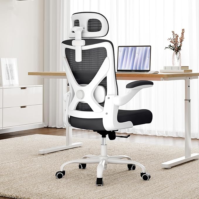 Ergonomic Office Chair - Computer Desk Chair with Adjustable Lumbar Support - 300lbs Executive Desk Chair High Back with Headrest Flip-Up Arms for Long Hours, Rolling Chair (White Black)