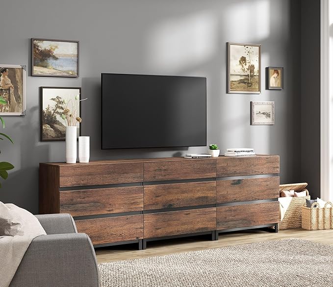 WAMPAT Dresser for Bedroom, Closet Organizers and Storage with 9 Drawers, Chest of Drawers with Metal Base, Wooden Modern Dresser for Living Room, Hallway, Entryway, Brown