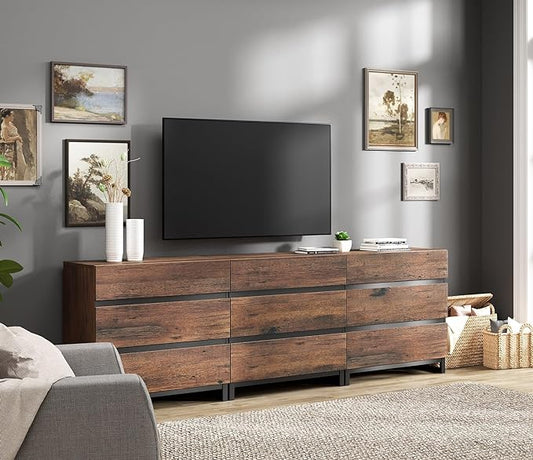 Wampat Modern TV Stand for 100 inch TVs, Entertainment Center Console with 9 Drawers and Metal Base, Living Room, Bedroom, Brown