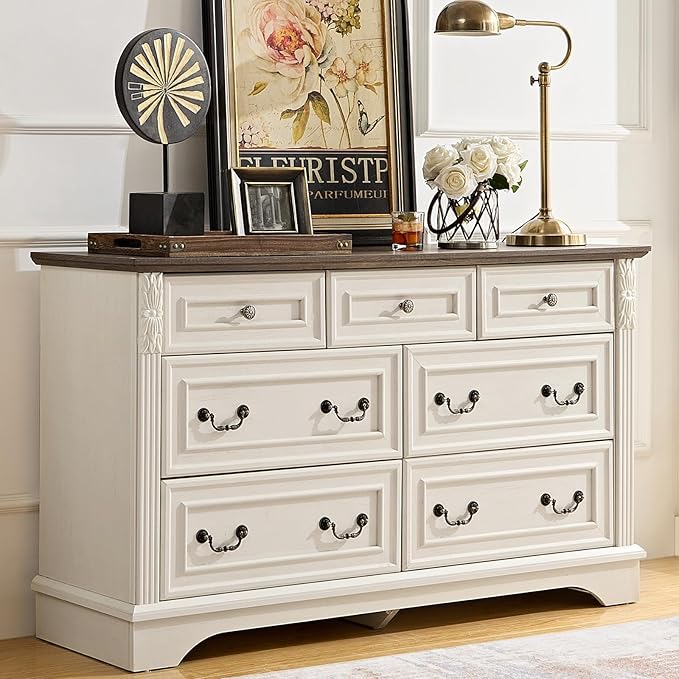 BLANKSPACE Antique White Dresser for Bedroom, Farmhouse 7 Chest of Drawers Cabinet Organizer with Carved Design