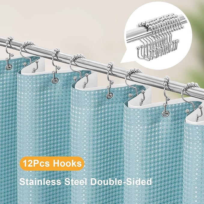 3 in 1 Stall Half Size Shower Curtain Set-36 W x 72 H, Teal Blue Waffle Waterproof Fabric and PEVA Liner Set with Stainless Steel Hooks