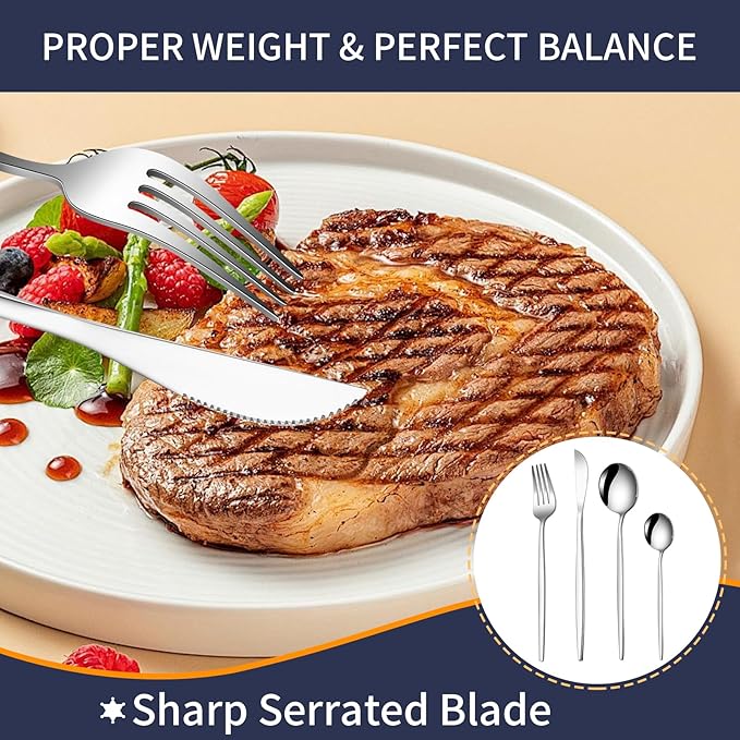 24 Pcs Silverware Set for 6,Stainless Steel Cutlery Flatware Set, Durable Eating Utensils Set Included Knives Spoons and Forks Set,Mirror Polished Tableware For Home,Restaurant,Dishwasher Safe