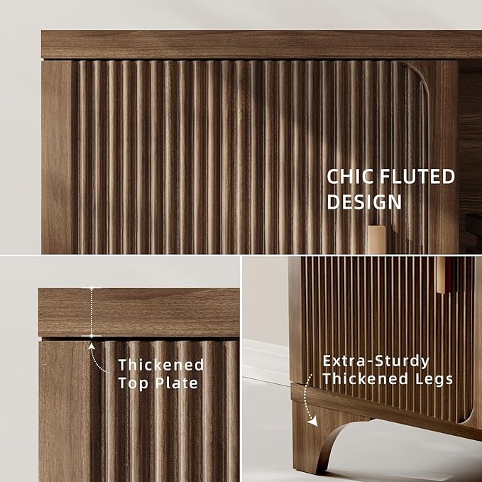 Mid Century Modern TV Stand for 55/65 Inches Television Console with Fluted Doors and Storage Entertainment Center for Living Room and Bedroom Dark Brown