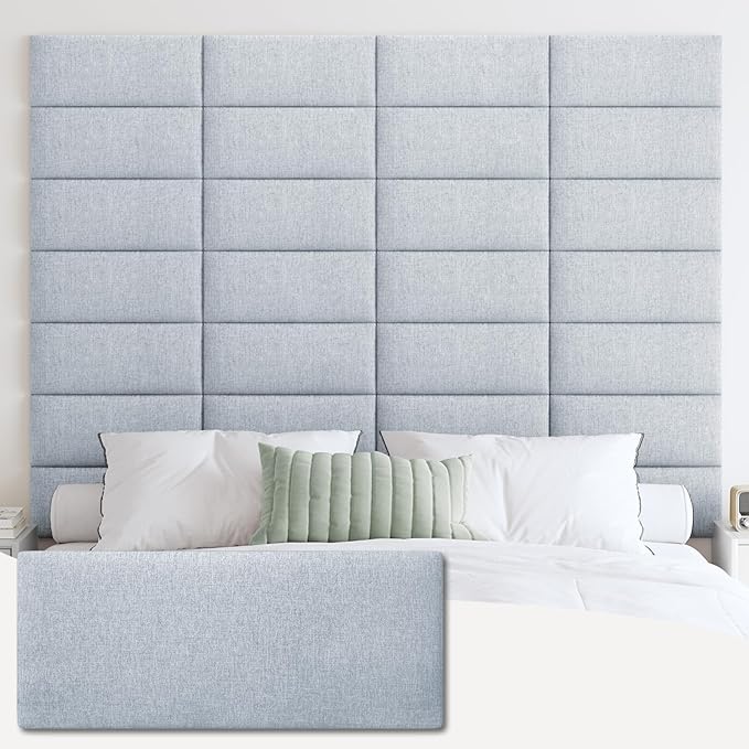 IFNOW Upholstered Wall Mounted Headboard, 3D Soundproof Wall Panels Peel and Stick for Queen Size, Reusable and Removable Tufted Bed Headboard in Blue White (9 Panels, 10" x 24")
