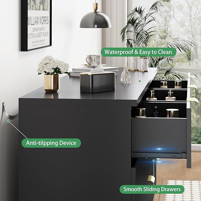 Fluted Dresser for Bedroom with 7 Drawers, 48" Wide Chest of Drawers with Metal Handle, Modern Wood Dresser TV Stand, Wooden Closet Clothes Storage Organizer for Living Room, Hallway, Black