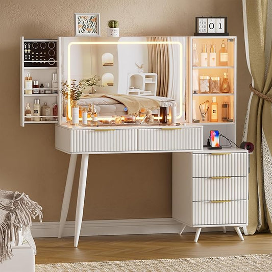 Makeup Vanity Desk with Mirror and Lights & Charging Station,Modern Glass Top Big Vanity Table with 5 Drawers,Sliding Storage Wall-Mounted Jewelry,3 Shelves for Bedroom,White