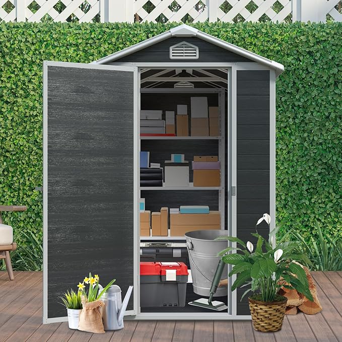 6x4 FT Outdoor Storage Resin Shed with Floor, Waterproof Plastic Garden Tool Shed with Windows, Vents & Lockable Door and Sloped Roof, Easy to Assemble Bike Shed for Patio, Backyard, Lawn, Black