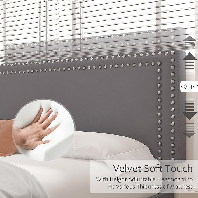 VECELO Full Size Upholstered Platform Bed Frame with 4 Storage Drawers, Adjustable Velvet Rivets Headboard, Wooden Slats Support, No Box Spring Needed, Easy Assembly