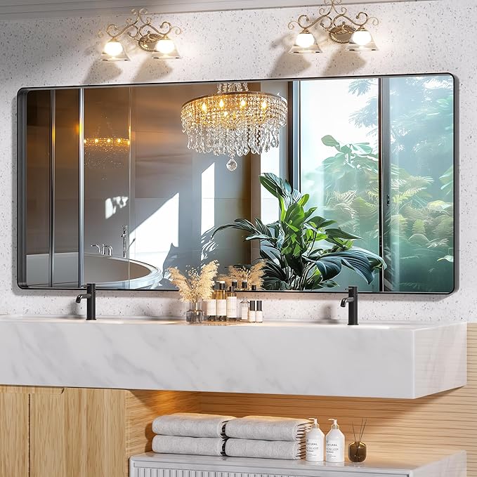Hasipu Black Bathroom Mirror for Wall, 72 x 32 Inch Metal Framed Bathroom Mirrors for Over Sink, Rectangle Bathroom Vanity Mirror, Anti-Rust, Tempered Glass, Horizontal or Vertical