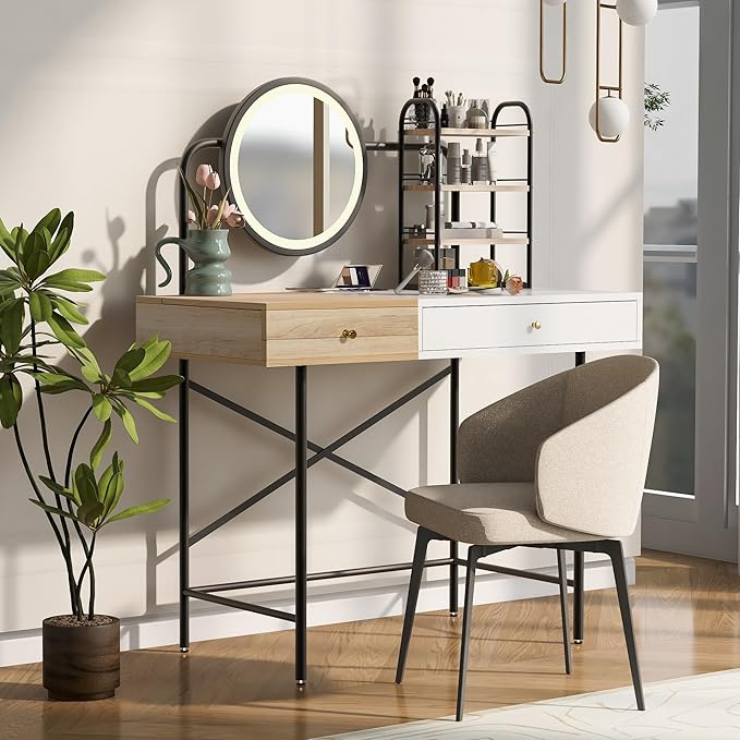 40" Makeup Vanity Desk with 3 Lighting Modes Adjustable Brightness & Power Outlet, Vanity Table with Drawer & 3 Open Shelves for Ample Storage Space, Dressing Table for Bedroom (White)