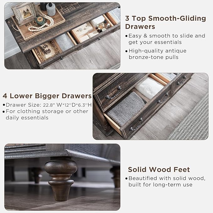 T4TREAM Farmhouse 7 Drawers Dresser Chests for Bedroom w/4 Solid Wood Feet & Column Design, Tall Wide Wooden Rustic Chest of Drawers, Storage Dressers for Bedroom, Living Room, Dark Rustic Oak