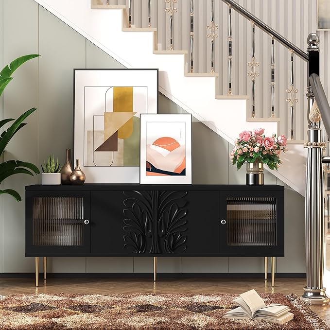 TV Stand for TVs up to 75", Mid Century Modern TV Console with 3D Flower Pattern, Wood Entertainment Center with 2 Fluted Glass Doors, Media Console Table with Storage for Living Room, Black