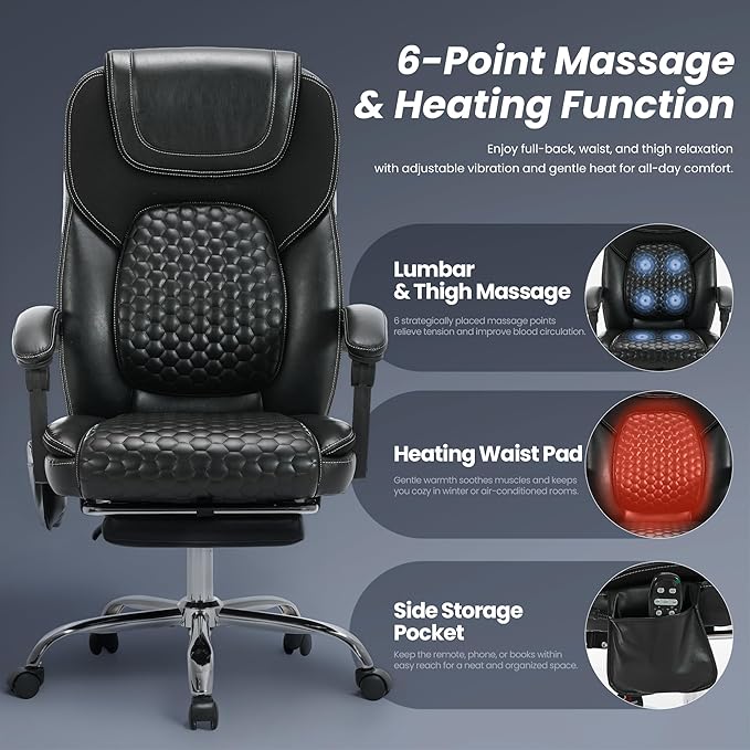 Massage Office Chair with Heat and Footrest –Reclining Desk Chair, Big and Tall Leather Computer Chair with Wheels, PU Executive Office Chair for Home, Gaming, Study, 300 lbs,Black