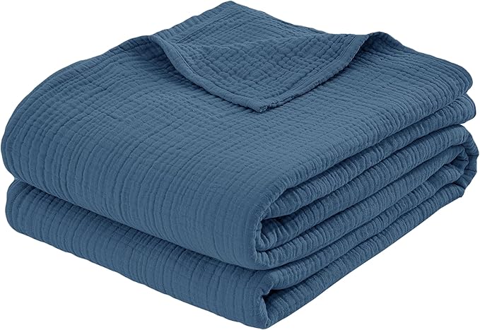 100% Cotton Muslin King Blanket (108" x 90") – A Luxuriously Soft, 4-Layer Lightweight and Breathable Gauze Blanket, Perfect for Year-Round use on beds, couches (Pacific Blue, King)