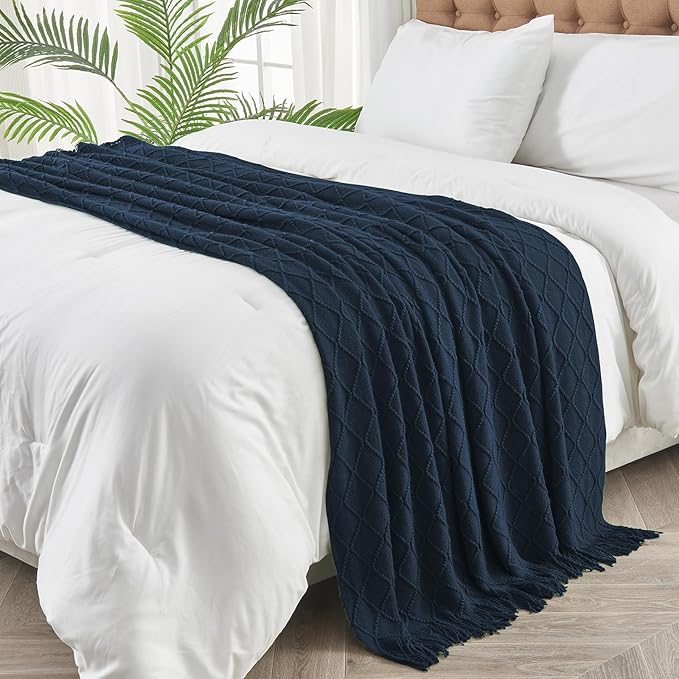 inhand Knitted Throw Blankets for Couch and Bed, Soft Cozy Knit Blanket with Tassel, Dark Blue Lightweight Decorative Blankets and Throws, Farmhouse Warm Woven Blanket for Men and Women, 60"x80"