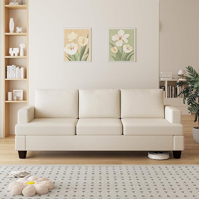 Furnimart 85 inch Deep Seat Sofa, Modern 3 Seater Couch, Beige Linen Sofa, Comfy Cloud Couch for Living Room, Cozy Fluffy Sofas with Removable Sofa Cover, Small Couches for Small Spaces