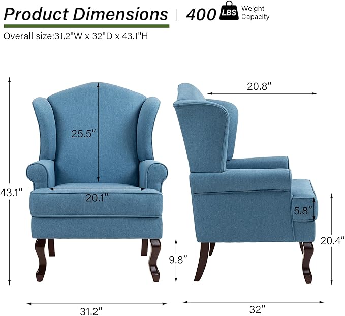 Accent Chair, High Back Upholstered Armchair with High Resilience Sponge & Wood Legs, Mid-Century Modern Comfy Single Sofa Reading Chairs for Living Room, Bedroom (Blue, Set of 1)