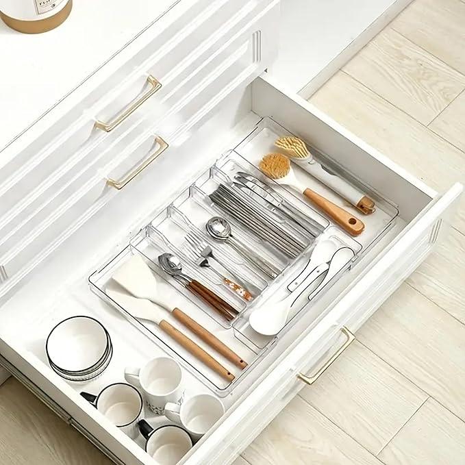 Silverware Drawer Organizer, Expandable Utensil Tray for Kitchen Drawers,BPA Free Flatware and Cutlery Holder,Adjustable Plastic Storage for Utensil like Spoons, Forks, Knives.Clear