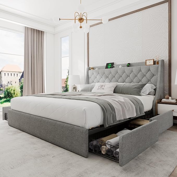 Upholstered King Size Bed Frame with 4 Storage Drawers, Modern Platform Bed with Wingback Headboard, Charging Station, No Box Spring Needed, Light Grey