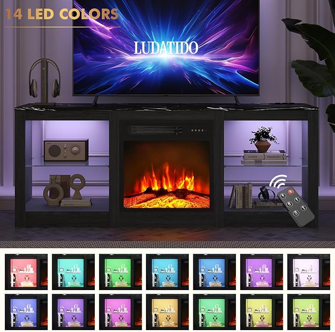 Ludatido 58 Inch TV Stand with 18 inch Fireplace Insert LED Light Entertainment Center Electric Fireplace TV Stand with USB&AC Power Interface for Living Room/Bedroom/Media Room Use(Black)