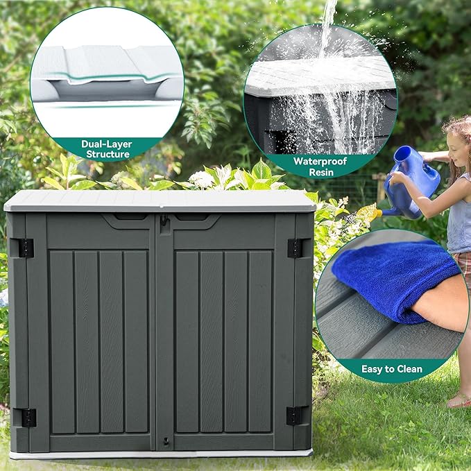 YITAHOME Large Outdoor Horizontal Storage Shed, 47 cu ft Resin Tool Shed w/o Shelf, Waterproof Outdoor Storage with Floor for Trash Cans, Garden Tools, Lawn Mower, Lockable, 4.5x2.8x3.9 ft, Dark Gray