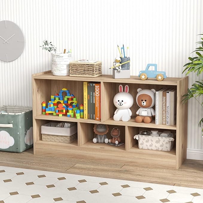Toy Storage Organizer, 2-Tier Kids Bookshelf, 5 Cube Kids' Bookcases, Cabinets & Shelves, Wooden Toy Organizers, Small Book Shelf for Bedroom, Playroom, Classroom, Nursery (Natural)