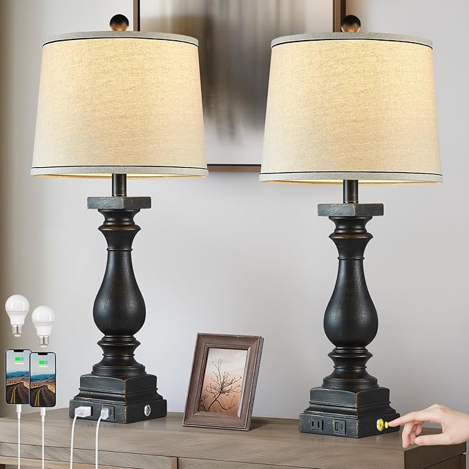 28" Tall Farmhouse Table Lamps Set of 2 with USB C+A Ports and AC Outlet, 3 Way Touch Control Rustic Bedside Lamp for Bedroom, Black Vintage Nightstand Lamp for Living Room Office