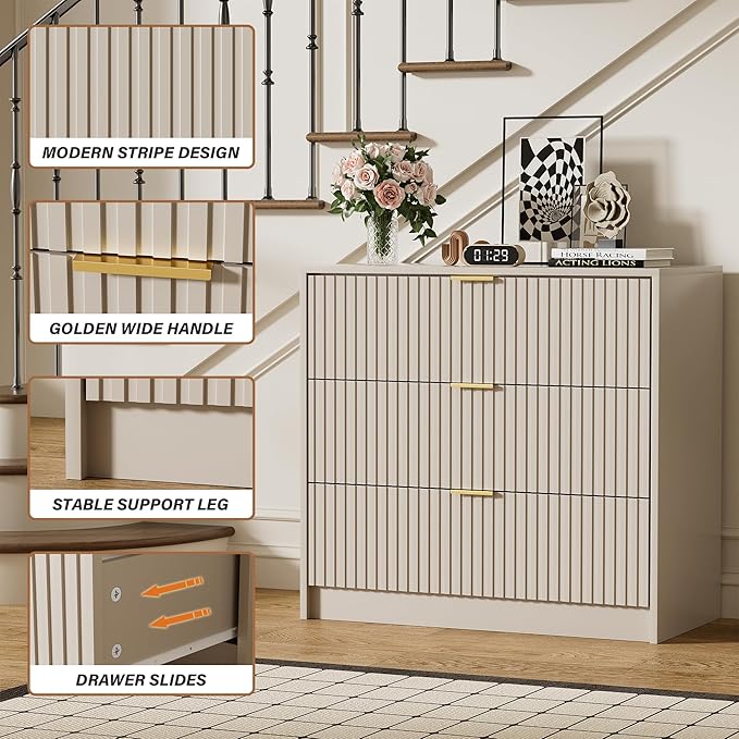 Beige Dresser for Bedroom, Modern Dresser with 3 Drawers and Smooth Slides, Wide Chest of Drawers with Golden Handles for Bedroom, Living Room, Closet, 15.7" D x 31.5" W x 29.6" H