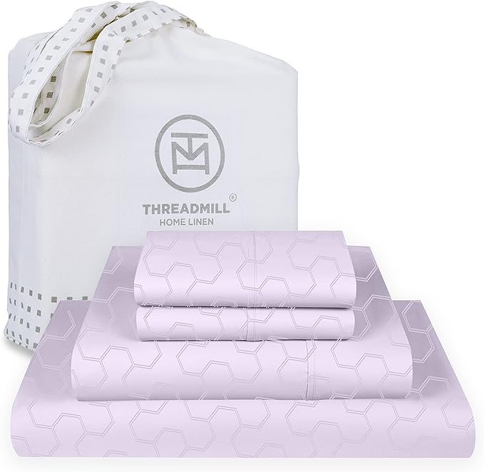 Threadmill Cotton Queen Sheet Set | 500 Thread Count 100% Cotton Sheets for Queen Size Bed | Damask Jacquard Queen Bed Sheets Set with 16” Deep Pocket Fitted | Soft Sateen Cooling Bedding Set | Lilac