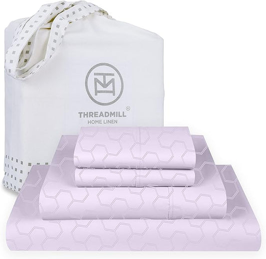 Threadmill Cotton Queen Sheet Set | 500 Thread Count 100% Cotton Sheets for Queen Size Bed | Damask Jacquard Queen Bed Sheets Set with 16” Deep Pocket Fitted | Soft Sateen Cooling Bedding Set | Lilac
