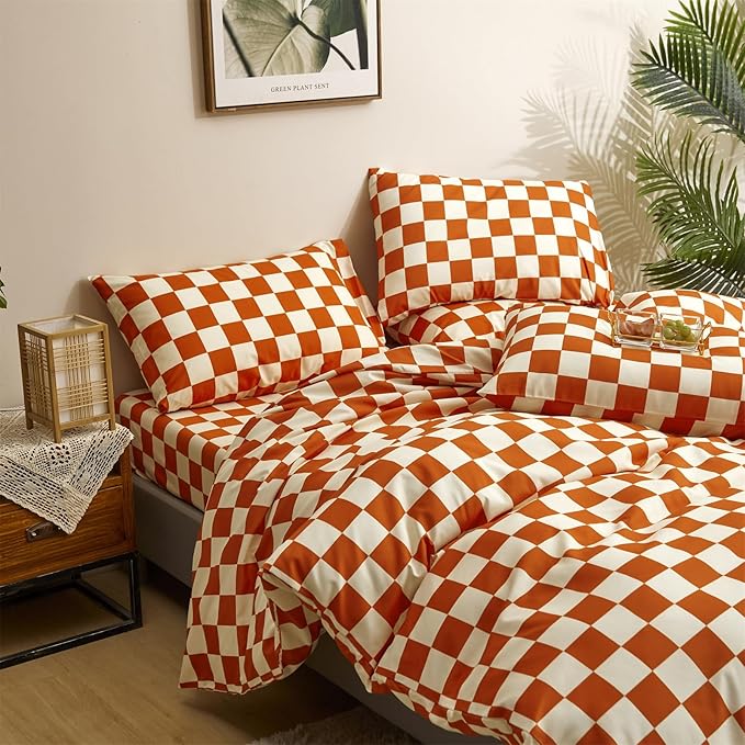 CLOTHKNOW Rust Beige Plaid Comforter Set California King Checker Bedding Comforter Sets Geometric Buffalo Comforter with 2 x Pillow Cases