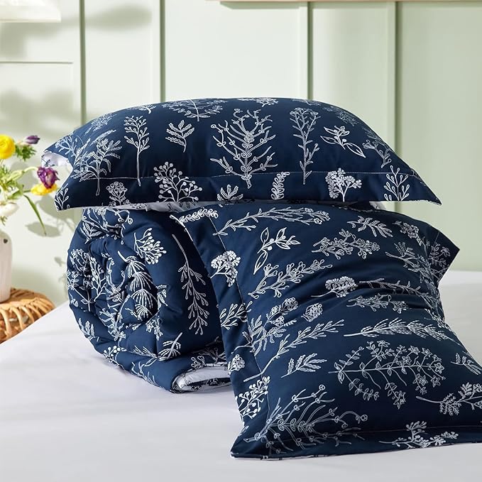 Bedsure Full Comforter Set - Navy Bed Set, 3 Pieces Cute Floral Bedding, 1 Soft Reversible Botanical Flowers Comforter and 2 Pillow Shams