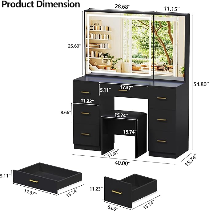 Vanity Desk with Large Mirror and Lights, Black Makeup Vanity with 7 Drawers, Adjustable Brightness Vanity Table with Glass Door Cabinet, Modern Vanity Set with Stool for Bedroom