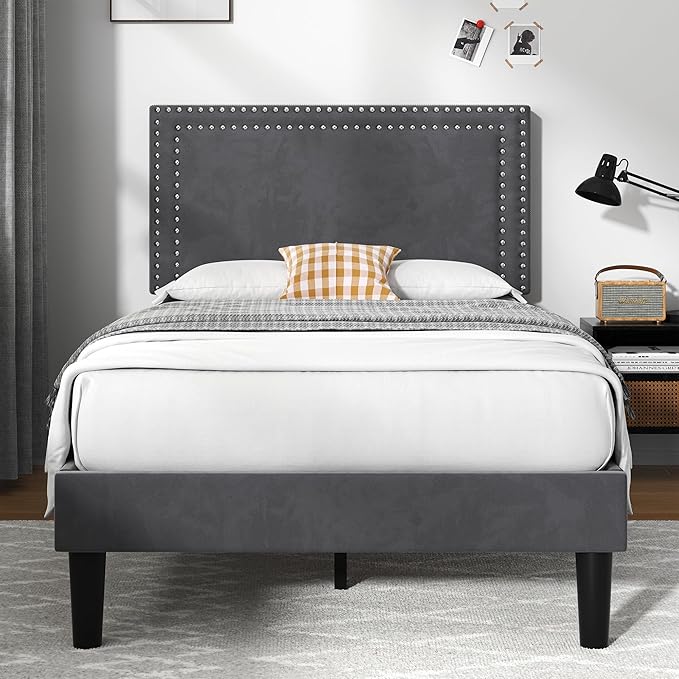 VECELO Twin Size Platform Bed Frame with Adjustable Upholstered Headboard, Strong Wood Slat Support, No Box Spring Needed, Easy Assembly