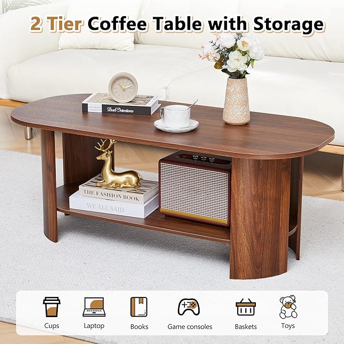 43.3” Oval Coffee Table with Storage, Wood Coffee Tables for Living Room, Farmhouse Center Table with 2-Tier Storage Shelf Low Tea Table for Small Space, Home, Office (Walnut)