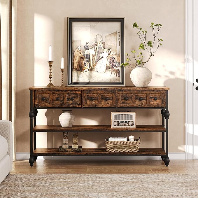GarveeHome 52" Console Table, Entryway Table with 3 Storage Drawers, 3 Tier Industrial Metal Sofa Table, Behind CouchTable, Hallway Table for Entry, Living Room-Retro Brown