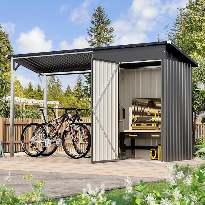 AECOJOY Outdoor Open-Sided Metal Storage Shed, 3x5 Sheds & Outdoor Storage with 15 Sq. Ft Covered, 5' x 3' Small 2-in-1 Tool Shed with Attached Hardtop Metal Pergola Gazebo