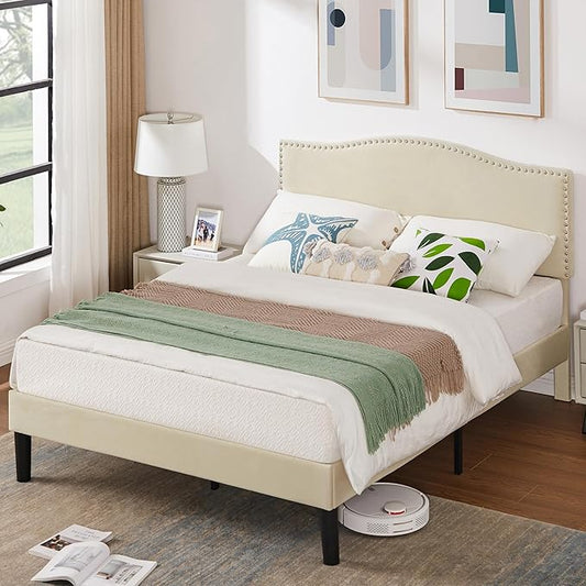 VECELO Queen Bed Frame Platform Bed Frame with Upholstered Headboard, Strong Frame and Wooden Slats Support, Strong Weight Capacity, Non-Slip and Noise-Free, Easy Assembly,Beige