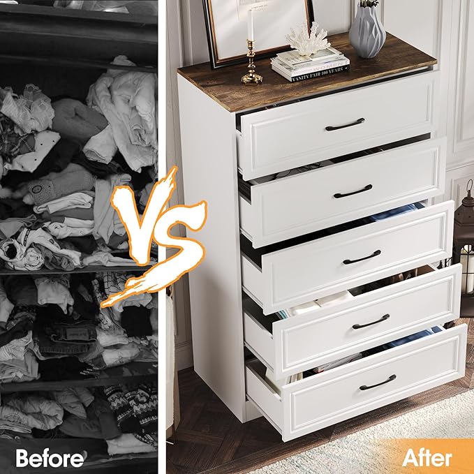 Fameill Dresser for Bedroom, 5 Drawer Wide Dresser Organizer, TV Stand for Livingroom, Chest of Drawers with Metal Handles, Farmhouse White