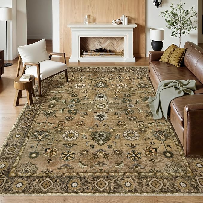 Tangsoo 3x5 Rug Floral Rug for Bedroom, Washable Vintage Rugs Indoor, Non Slip Accent Rug, Print Distressed Brown Carpet, Soft Low Pile Area Rug for Living Room Dorm Bedroom Bedside Entryway