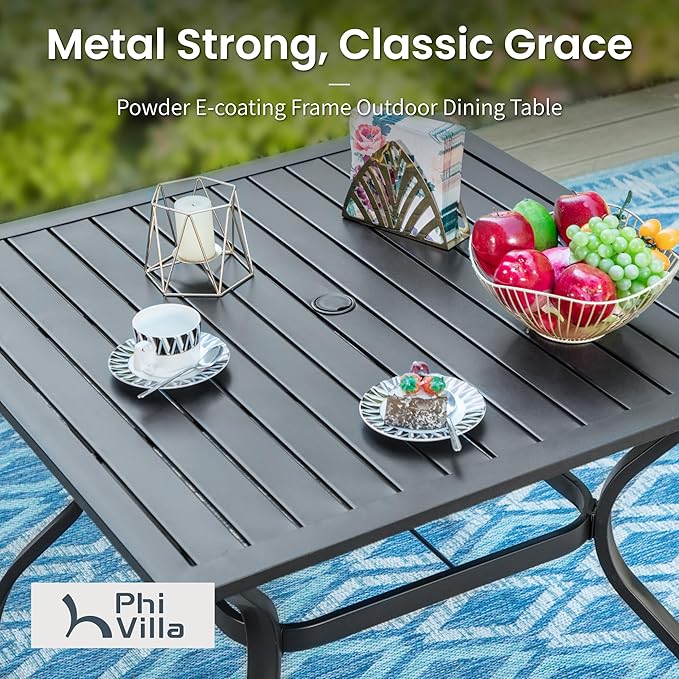 PHI VILLA 5-Piece Metal Patio Outdoor Table and Chairs Outdoor Dining Set - 37" Square Patio Table w/1.57" Umbrella Hole and 4 Backyard Garden Stackable Dining Chairs, Black