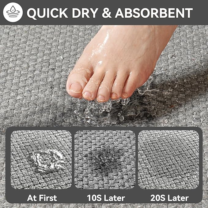 Non Slip Bath Mat Bathroom Rugs, Soft Jute-Like Ultra Thin Bath Mats, Rubber Backing Super Absorbent Quick Dry Bath Rug Shower Mat Fit Under Door Bathroom Floor, Machine Washable, Gray 24" x 36"