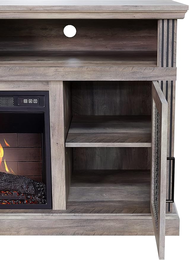 Cheerway 3D Fireplace TV Stand for TVs up to 80’’, Wooden Media Entertainment Center Table & TV Cabinets w/Storage Shelves & Barn Door, Electric Fireplace w/Remote Control & Adjustable Flame