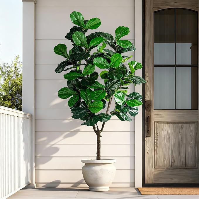 Artificial Fiddle Leaf Fig Tree 7ft with White Planter Realistic Fiddle Leaf Lyrata Plant Tall Fake Tree with Natural-Looking Leaves Fake Tree for Indoor Outdoor Home Office Decor