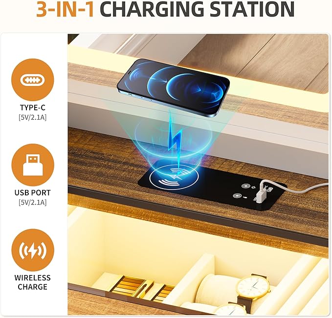 HNEBC Farmhouse Makeup Vanity Desk with Sliding Mirror and Lights,40" W Glass Tabletop Vanity Table with Charger,LED Vanity Set with Jewelry Armoire,6 Drawers,10 Shelves,Adjustable Cabinet