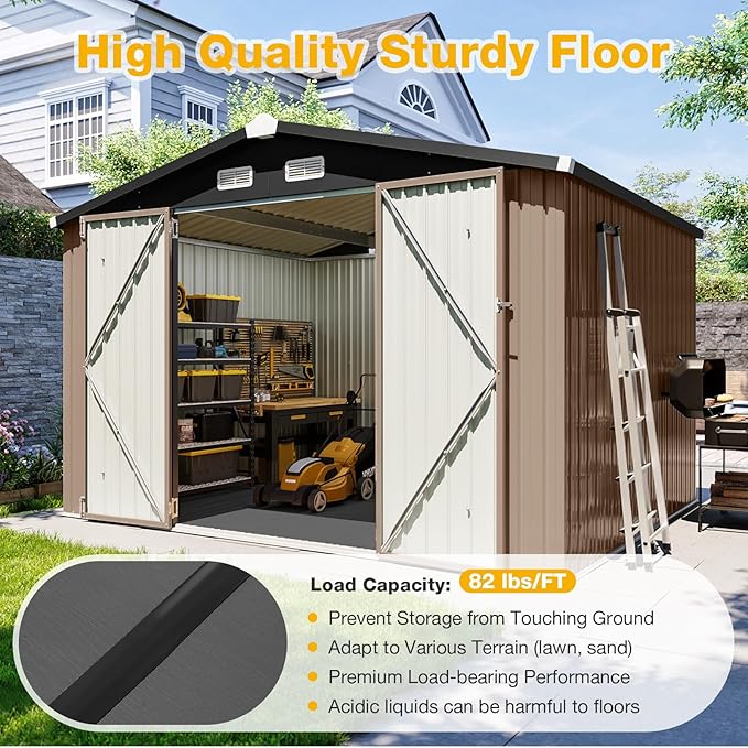 10x8 FT Outdoor Metal Storage Shed with Floor & Lockable Double Doors, Heavy-Duty Galvanized Steel Outdoor Shed for Bike, Tool, Generator Storage in Backyard, Patio (10’x8’, Floor)