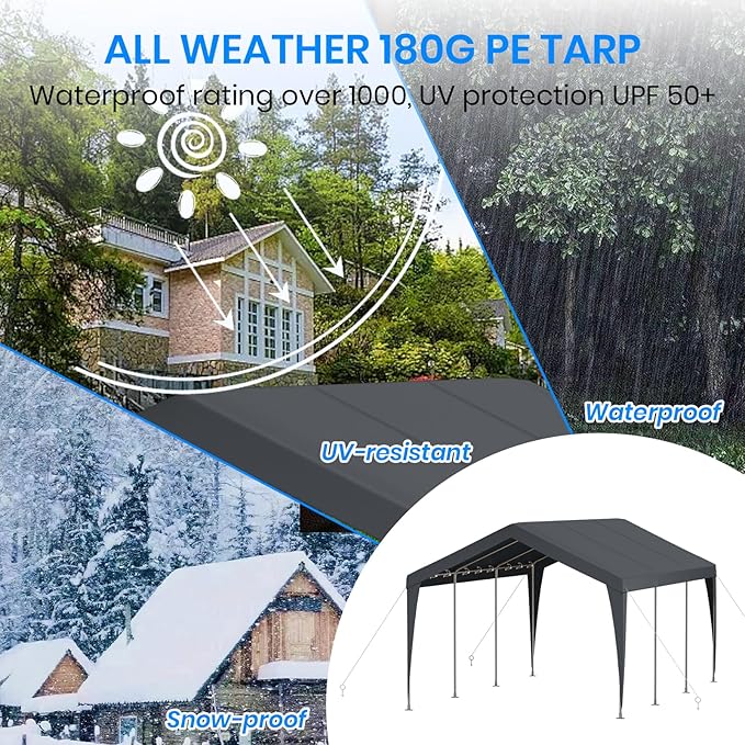 Carport 12x20 Heavy Duty Portable Garage,Galvanized Frame Carport Canopy,Portable Garages and Shelters with 8 Leg&4 Wind Rope,Car Tent Garage with All-Season Tarp for Truck Boat,Without Sidewall,Grey