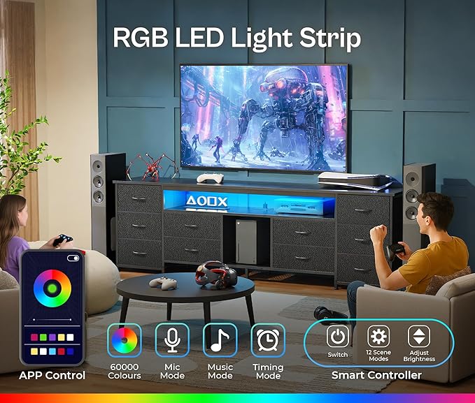 Huuger 70.9 Inch LED TV Stand Dresser with Power Outlets, USB-C Port and LED Lights, 10 Fabric Drawer Dresser for Bedroom, Long Entertainment Center for 75, 80 Inch TV, Open Shelves, PU Leather, Black