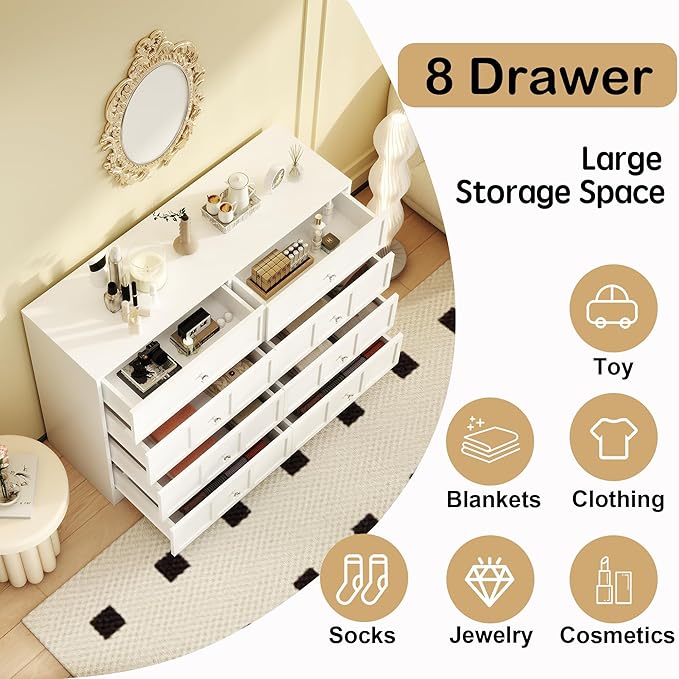 8 Drawer Dresser for Bedroom: 47" Fluted White Dresser Deep Drawers, Modern Chest of Drawers for Bedroom, Fluted Wood Dressers for Living Room, Hallway