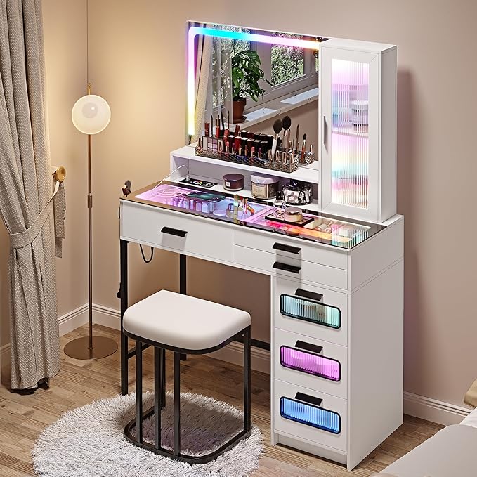 HENBC Vanity with Mirror and LED Lights, Glass Top Vanity Desk with Charging Station(Wireless+USB+Type-C), RGB Makeup Table Set with Stool/Makeup Organizer/6 Drawers for Bedroom,White
